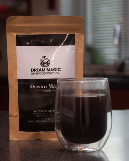 Dream Magic Black Powder - a coffee blend containing Arabica Coffee, Chaga Mushroom, Lions Mane Mushroom and Rhodiola Herb