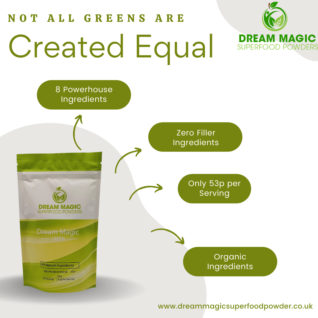 Dream Magic Green Superfood Powder - containing Spirulina, Wheatgrass, Chlorella and Moringa