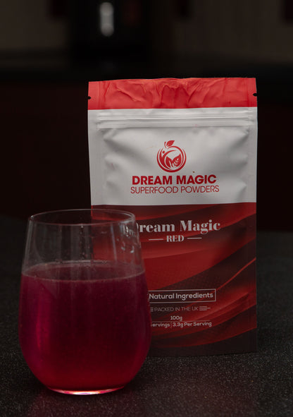 Dream Magic Red Powder - containing Flaxseed, Raspberry, Strawberry, Carrot, Beetroot, Coconut Water and Banana